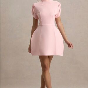 Club L London pink high neck short sleeve lantern mini cocktail dress